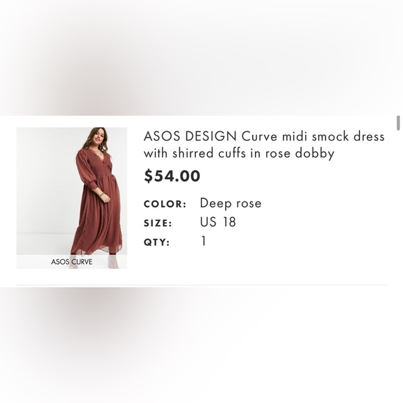 2021 ASOS Curve midi smock dress with shirred cuffs in rose dobby color Size 18 - Picture 5 of 5
